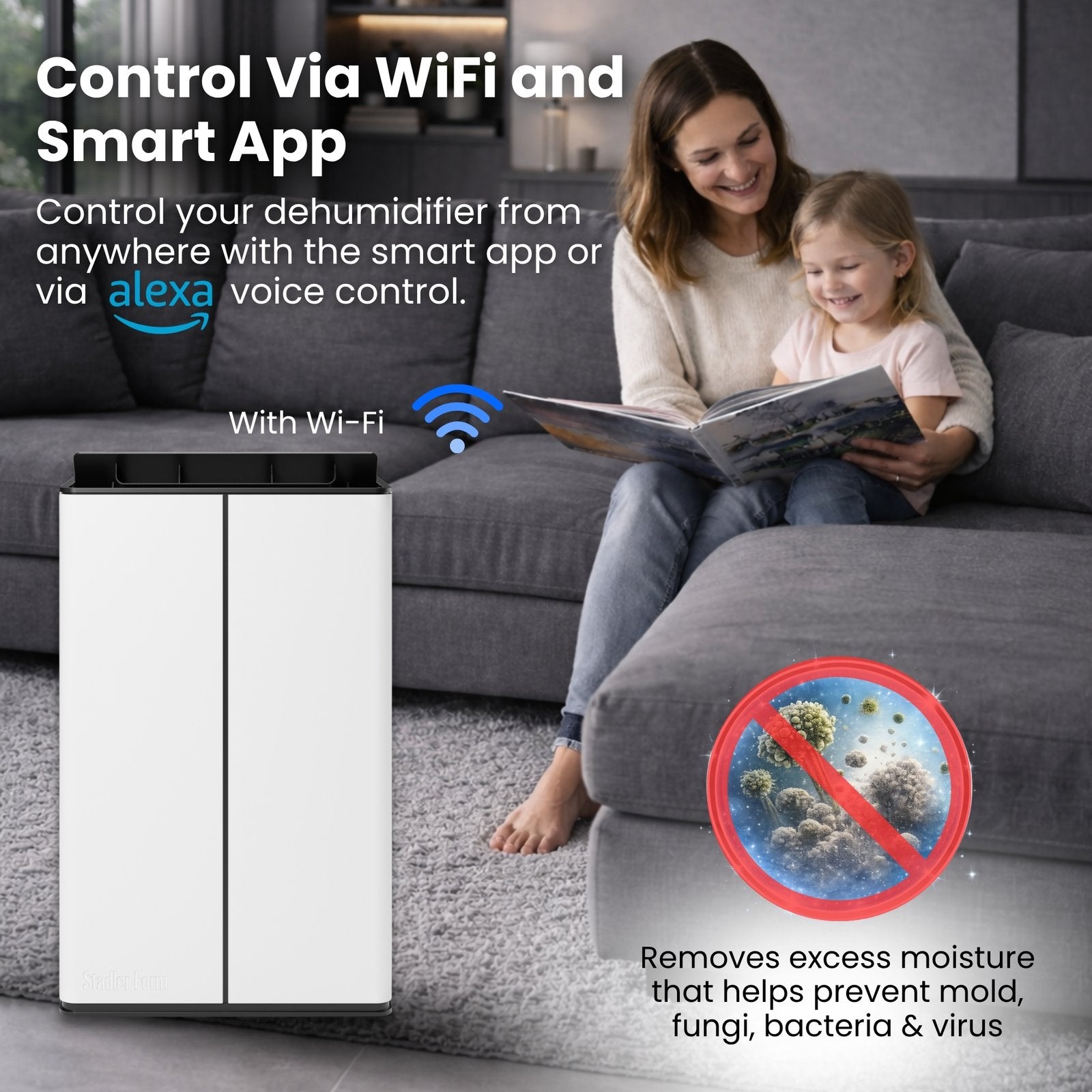 Stadler Form Lukas Dehumidifier 20L, Auto Mode, 24 Hours Dehumidification for Large Rooms up to 70 m², Optional Air Purification, WiFi Control, Quick Laundry Drying Mode, Silent, 2 Years Warranty