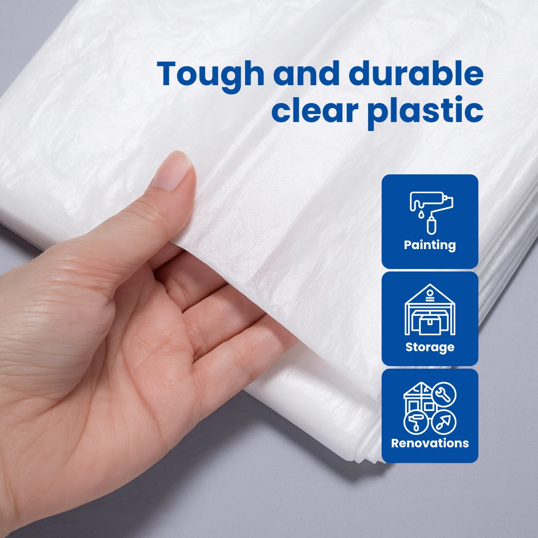 Shield Guard Pro Protection Drop Sheet, Waterproof Plastic Cover, White, 4x5m (20µm), 20m², Non-Slip for Painting, Storage, Furniture