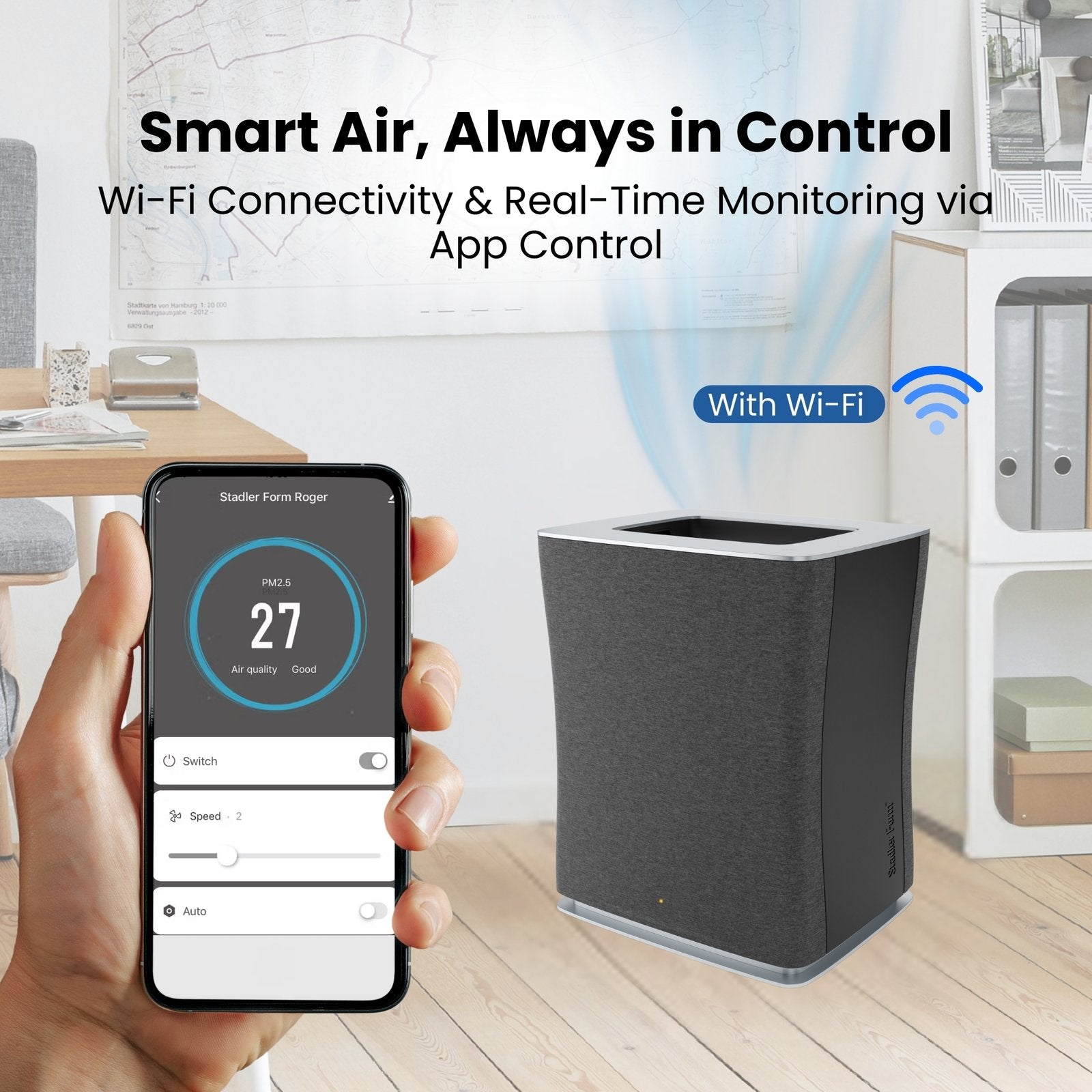 Stadler Form Roger Big Swiss Design Smart Air Purifier– WiFi Control, Dual HEPA & Carbon Filters, Gas Sensors, Auto Mode, Textile Pre-Filter, for Rooms up to 294m², 2-Year Warranty + Local Support