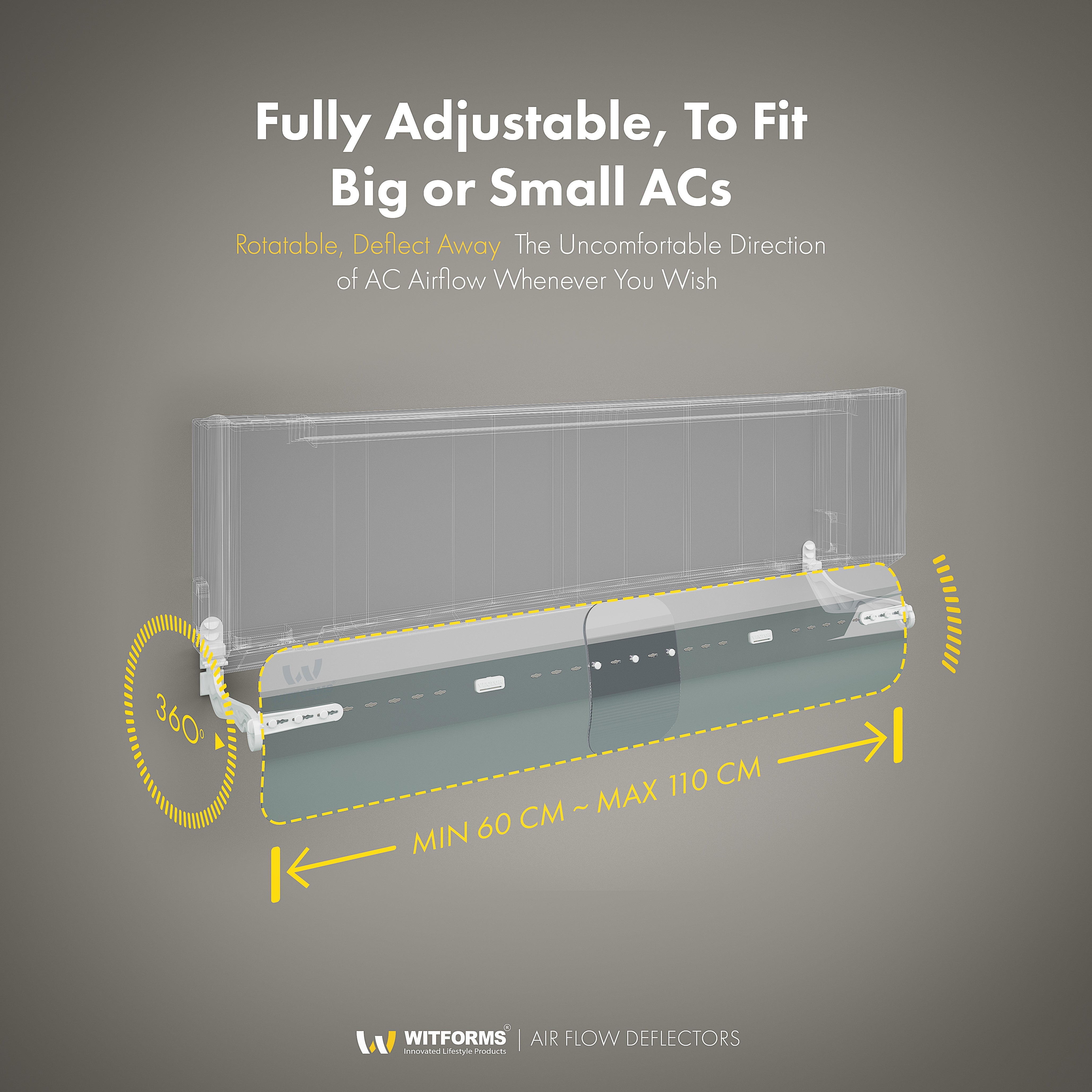 Witforms Classic Split AC Air Deflector – 360° Adjustable Draft Guard for Wall-Mounted AC (60–110cm)