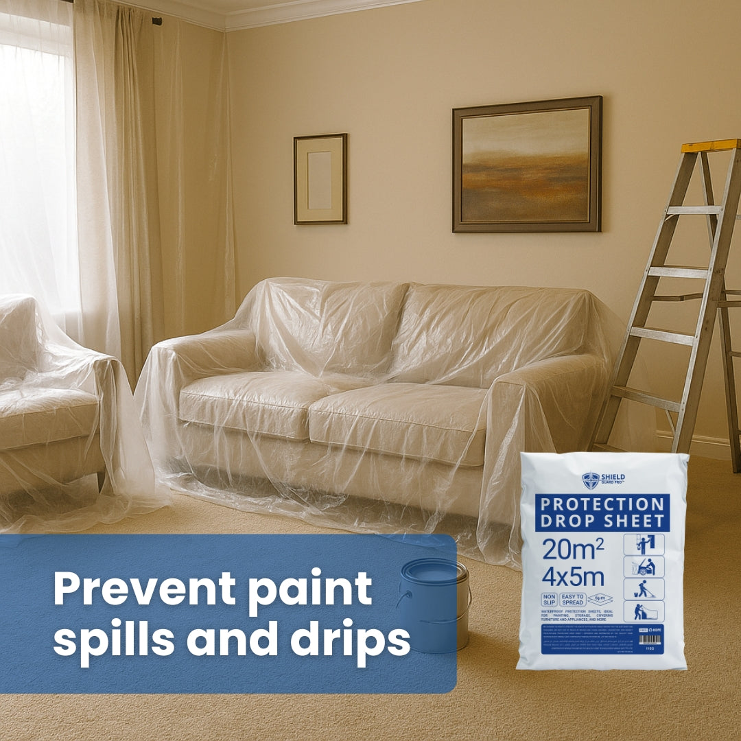 Shield Guard Pro Plastic Drop Cloths Sheet 4 x 5m (6µm,20m²) – Waterproof, Anti-Dust Furniture & Floor Protection Cover | Disposable Tarp for Painting and Construction