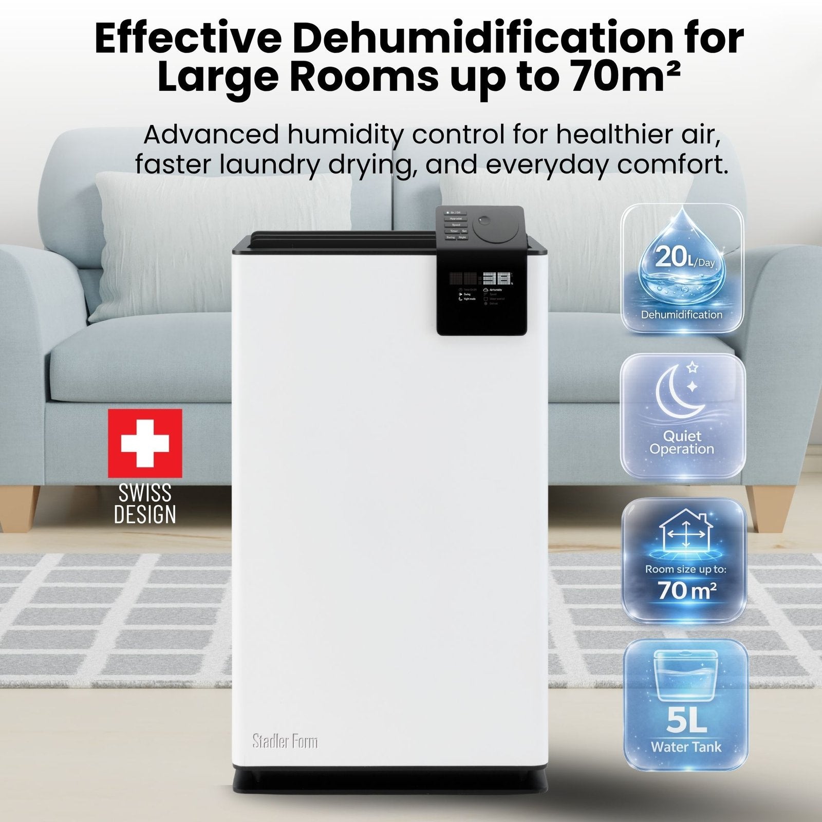 Stadler Form Albert Dehumidifier 20L, Smart Humidity Sensor, 24 Hours Dehumidification for Large Rooms up to 70m², Mold Prevention, Effective Air Distribution, Auto Mode, Very Quiet, 2 Years Warranty