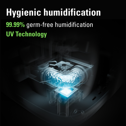 Stadler Form Humidifier Oliver, Large Rooms up to 60 m² Quiet, Small, Powerful, Room Humidifier, 6 Levels, Auto Mode LEDs Switchable Integrated UV lamp, Germ-free Mist, Black