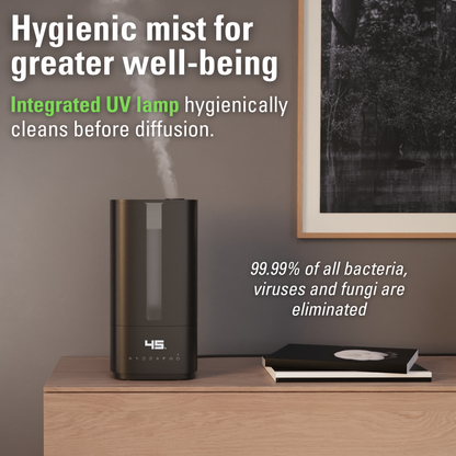 Stadler Form Humidifier Oliver, Large Rooms up to 60 m² Quiet, Small, Powerful, Room Humidifier, 6 Levels, Auto Mode LEDs Switchable Integrated UV lamp, Germ-free Mist, Black