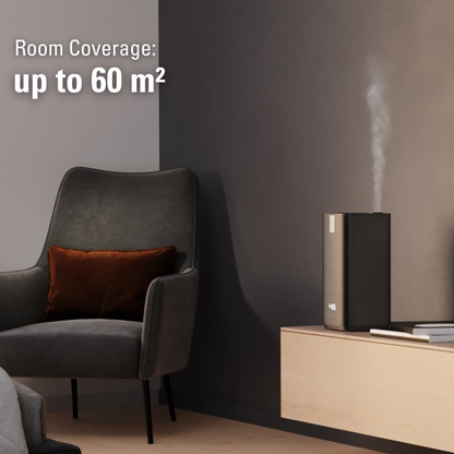 Stadler Form Humidifier Oliver, Large Rooms up to 60 m² Quiet, Small, Powerful, Room Humidifier, 6 Levels, Auto Mode LEDs Switchable Integrated UV lamp, Germ-free Mist, Black