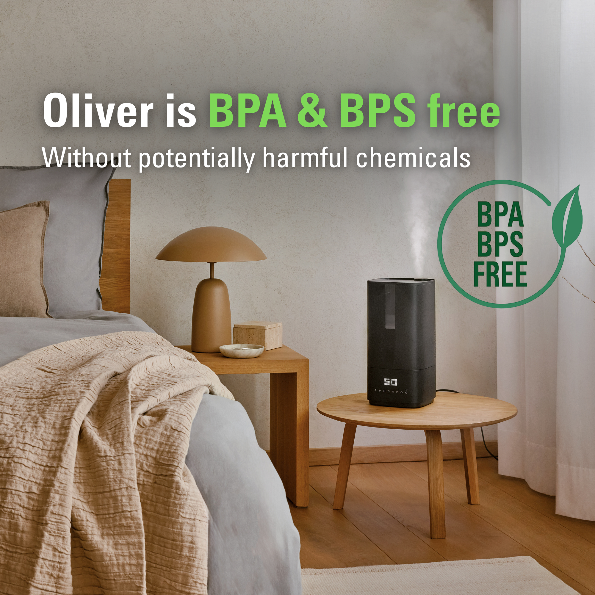 Stadler Form Humidifier Oliver, Large Rooms up to 60 m² Quiet, Small, Powerful, Room Humidifier, 6 Levels, Auto Mode LEDs Switchable Integrated UV lamp, Germ-free Mist, Black