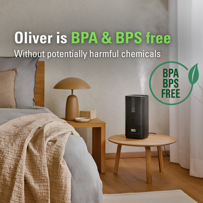 Stadler Form Humidifier Oliver, Large Rooms up to 60 m² Quiet, Small, Powerful, Room Humidifier, 6 Levels, Auto Mode LEDs Switchable Integrated UV lamp, Germ-free Mist, Black