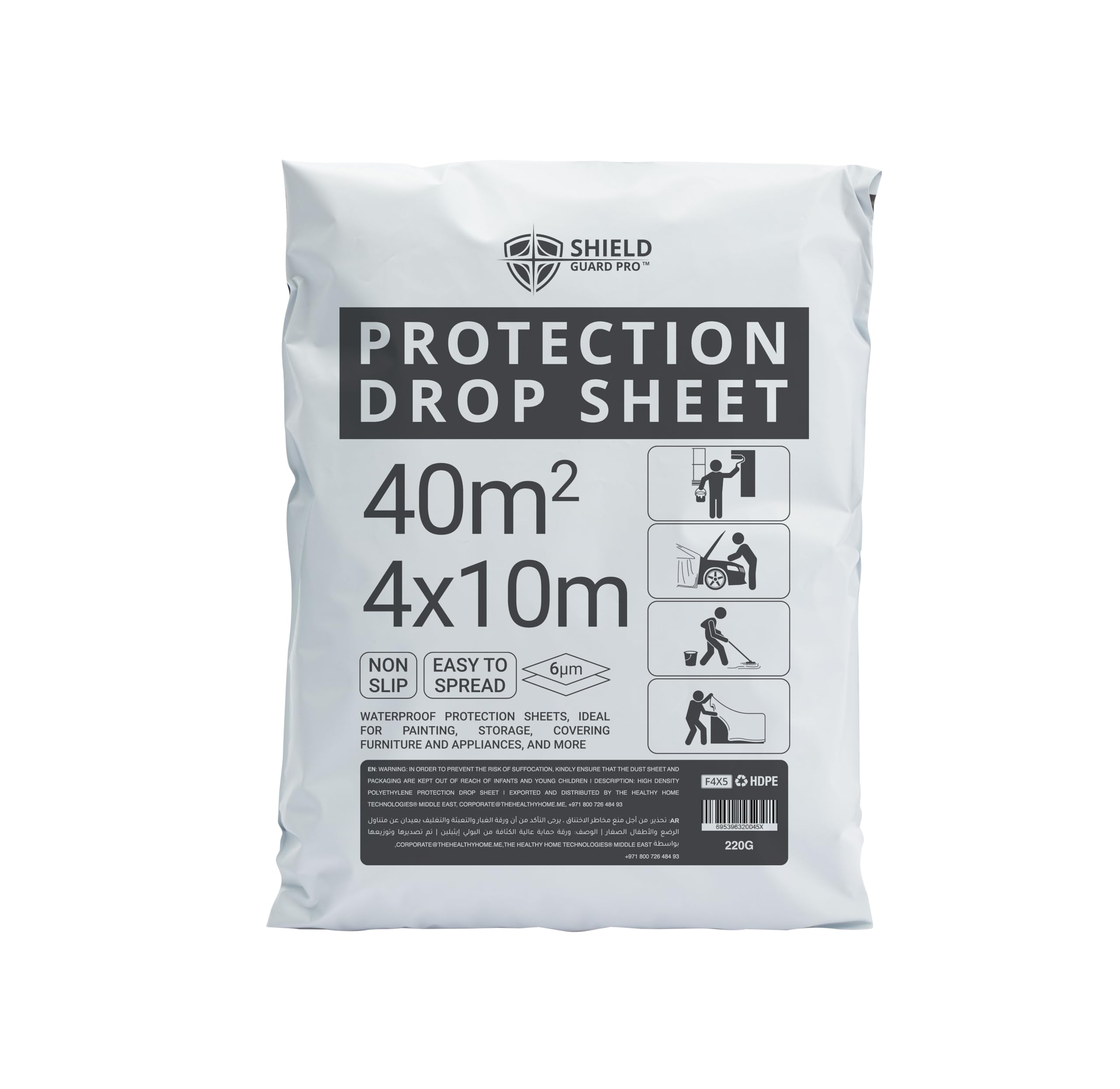 Shield Guard Pro Plastic Protection Sheet 40m² (4x10m, 6µm) – Waterproof Drop Sheet for Painting, Furniture & Floor Cover