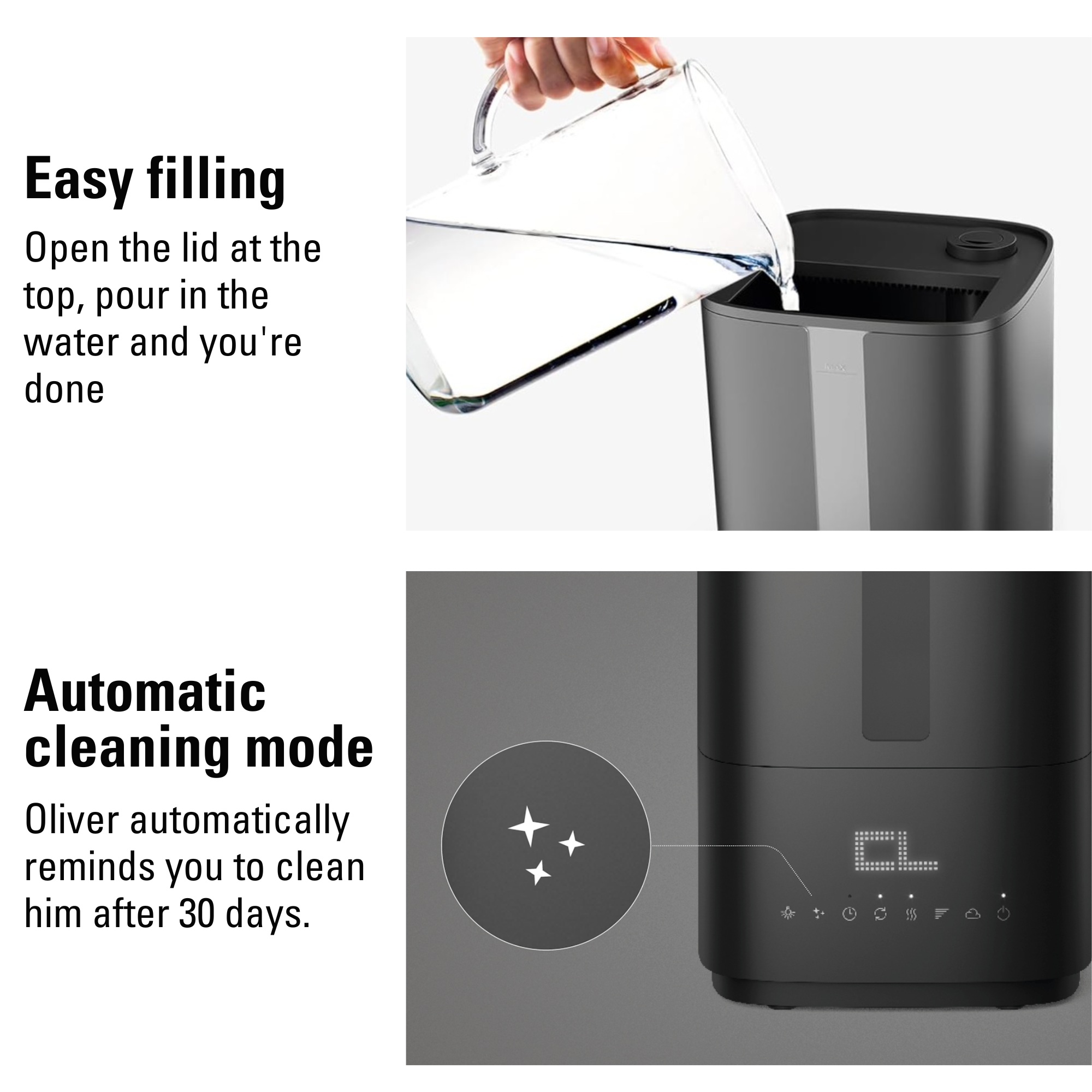 Stadler Form Humidifier Oliver, Large Rooms up to 60 m² Quiet, Small, Powerful, Room Humidifier, 6 Levels, Auto Mode LEDs Switchable Integrated UV lamp, Germ-free Mist, Black