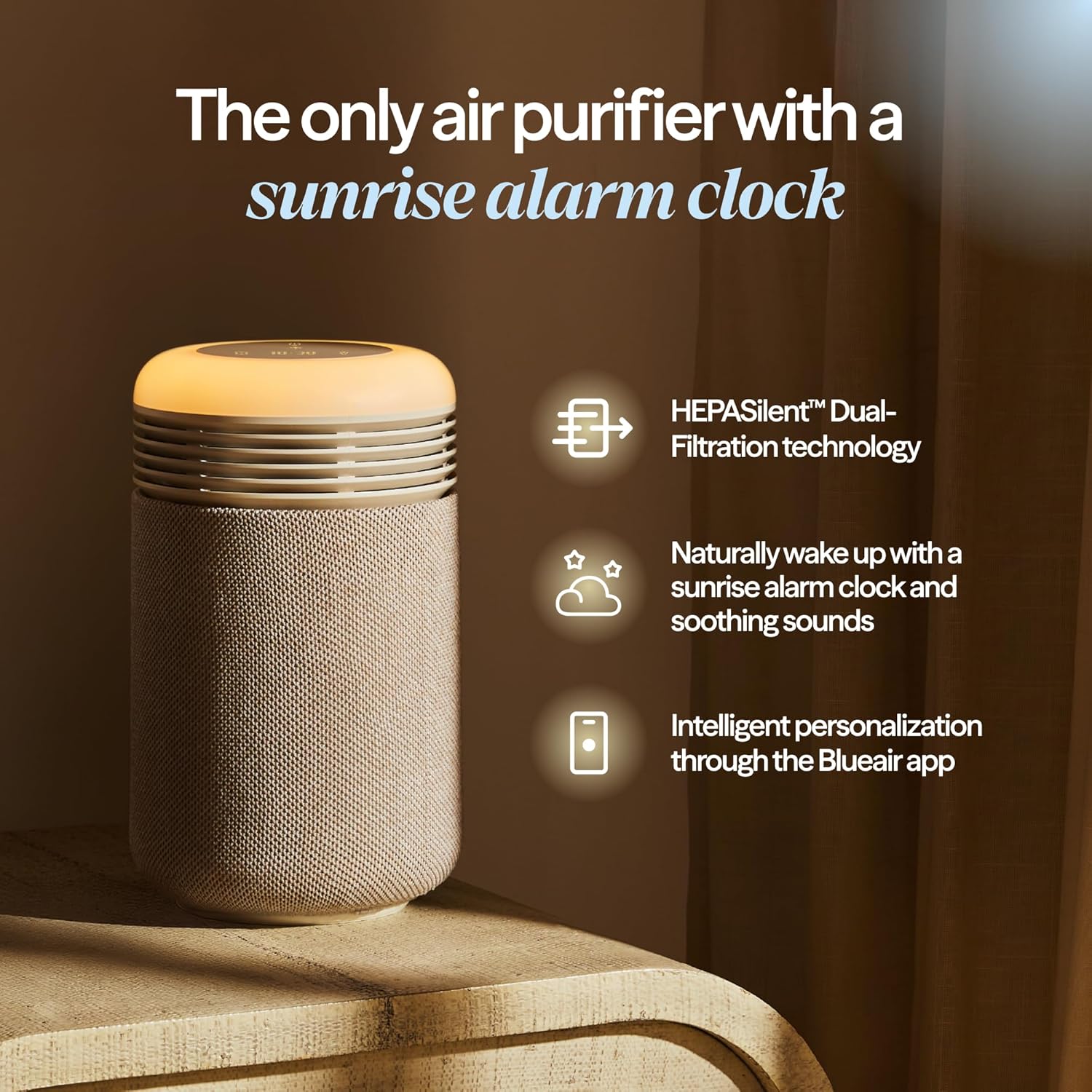 Blueair Mini Restful Air Purifier w/ Wake-Up Light - Beige | HEPASilent Tech, Smart Sleep Personalization | upto 140–336 sqftfor Small to Medium size Bedrooms