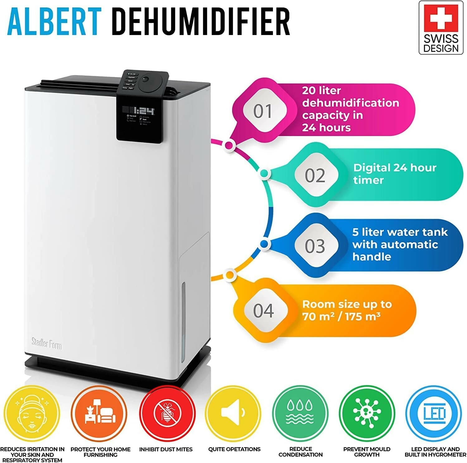 Swiss Design Dehumidifier-Mold Prevention for Home & Office up to 70 sqm, Whisper-Quiet,Smart 24H Timer Display,Adaptive Night & Swing Modes,Continuous Drainage Albert ,2 Year Warranty+Local Support-GCC Power Plug