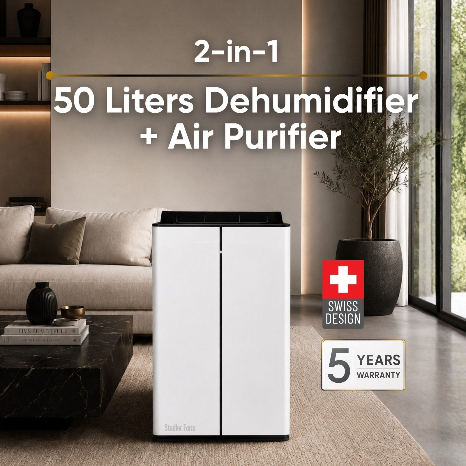 Stadler Form 50L Lukas Pro Dehumidifier and Air Purifier, 24 Hours Dehumidification, for Large Rooms up to 175 m², Auto Mode, Air Purification Mode, HEPA Filter, WiFi, Quiet, 5 Years Warranty