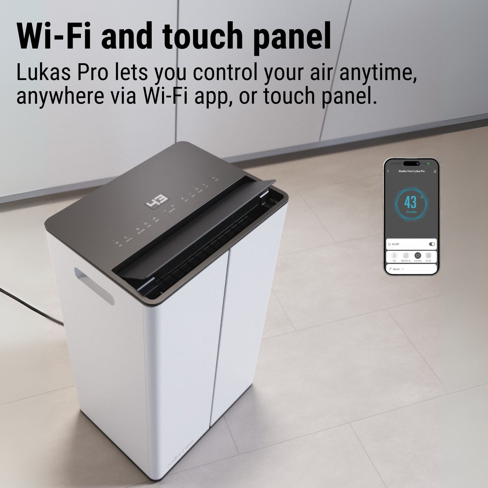 Stadler Form 50L Lukas Pro Dehumidifier and Air Purifier, 24 Hours Dehumidification, for Large Rooms up to 175 m², Auto Mode, Air Purification Mode, HEPA Filter, WiFi, Quiet, 5 Years Warranty