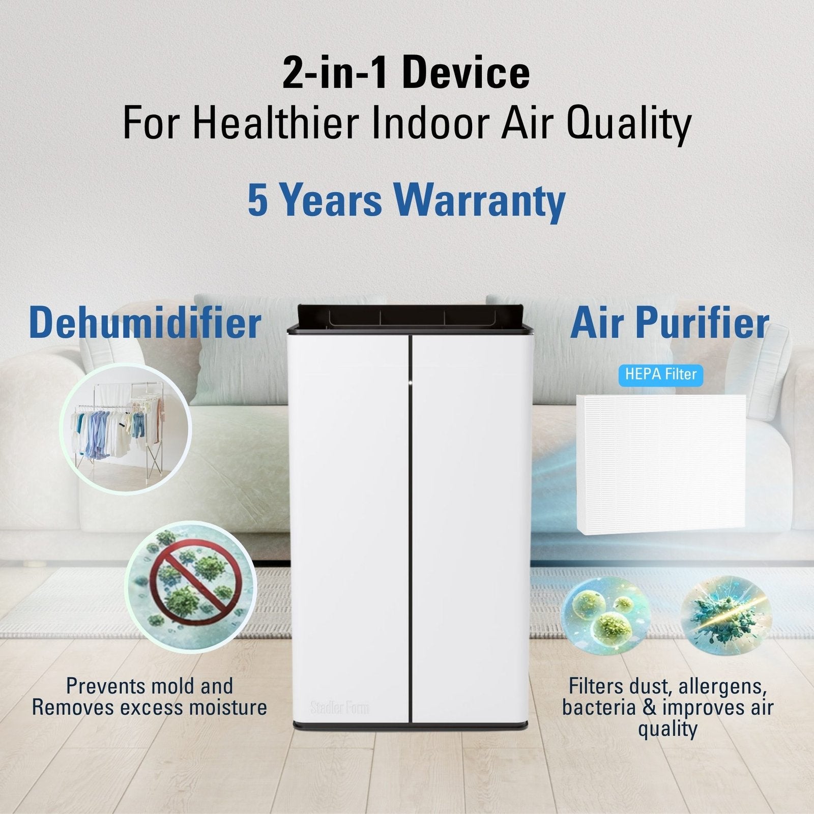 Stadler Form 50L Lukas Pro Dehumidifier and Air Purifier, 24 Hours Dehumidification, for Large Rooms up to 175 m², Auto Mode, Air Purification Mode, HEPA Filter, WiFi, Quiet, 5 Years Warranty