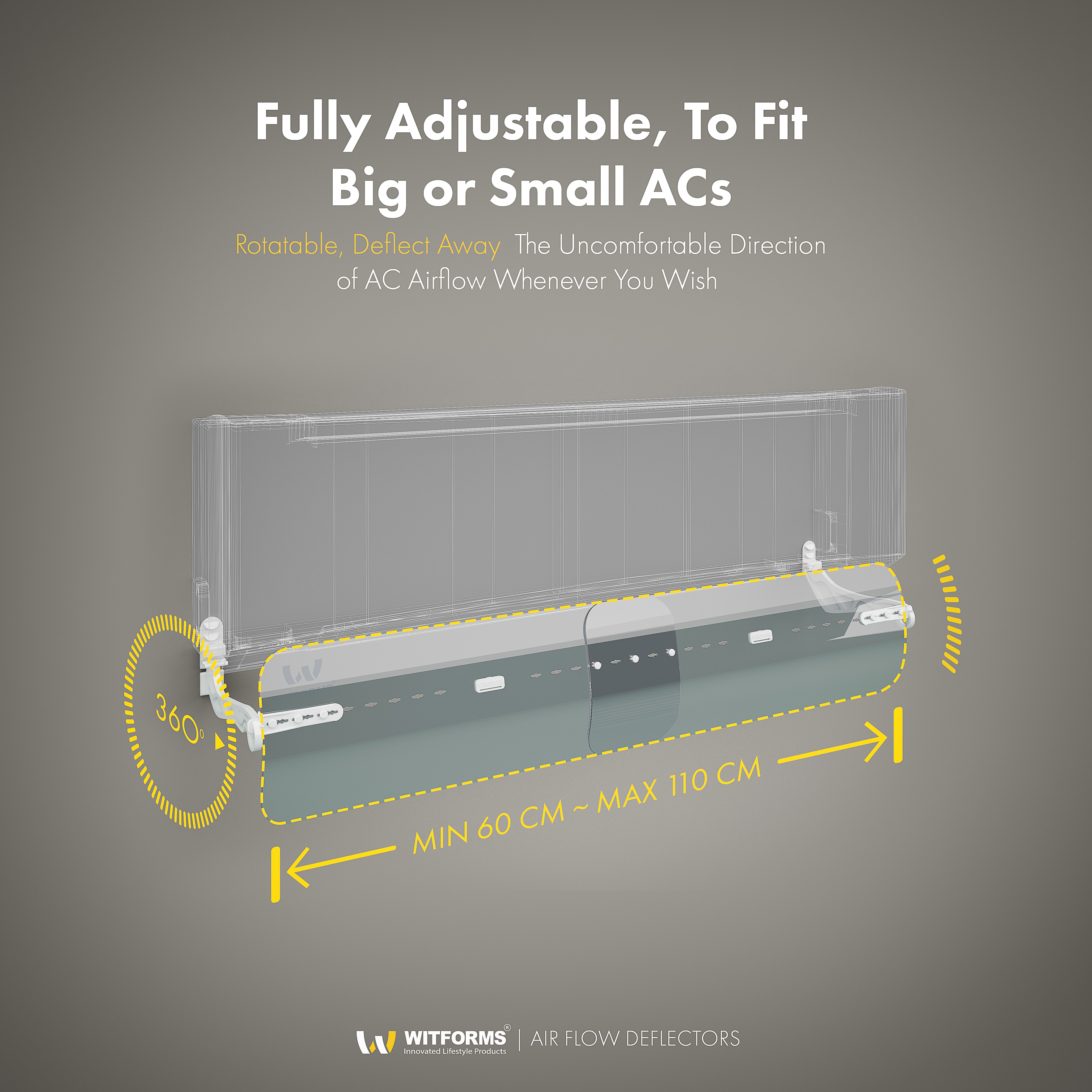 Witforms Classic Split AC Air Deflector – 360° Adjustable Draft Guard for Wall-Mounted AC (60–110cm)