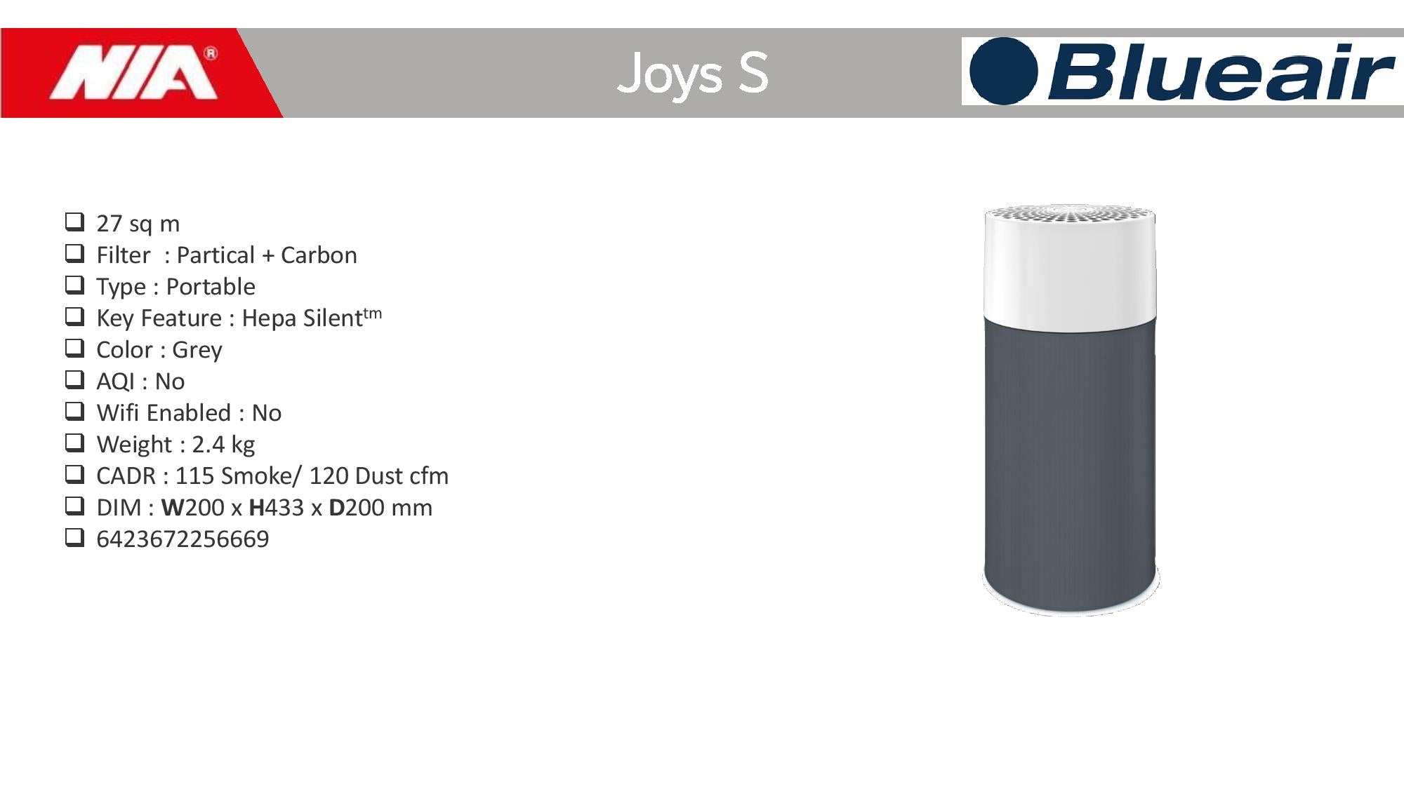 Blueair - Joy S Air Purifier 27m2 | Removes 99.97% viruses & bacteria
